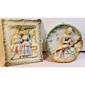 Vintage Pair 3 D Bisque Porcelain Victorian Couple Occupied Japan Wall Plaques